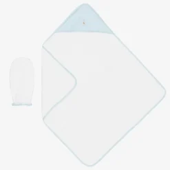 White & Blue Cotton Hooded Towel & Mitt Set