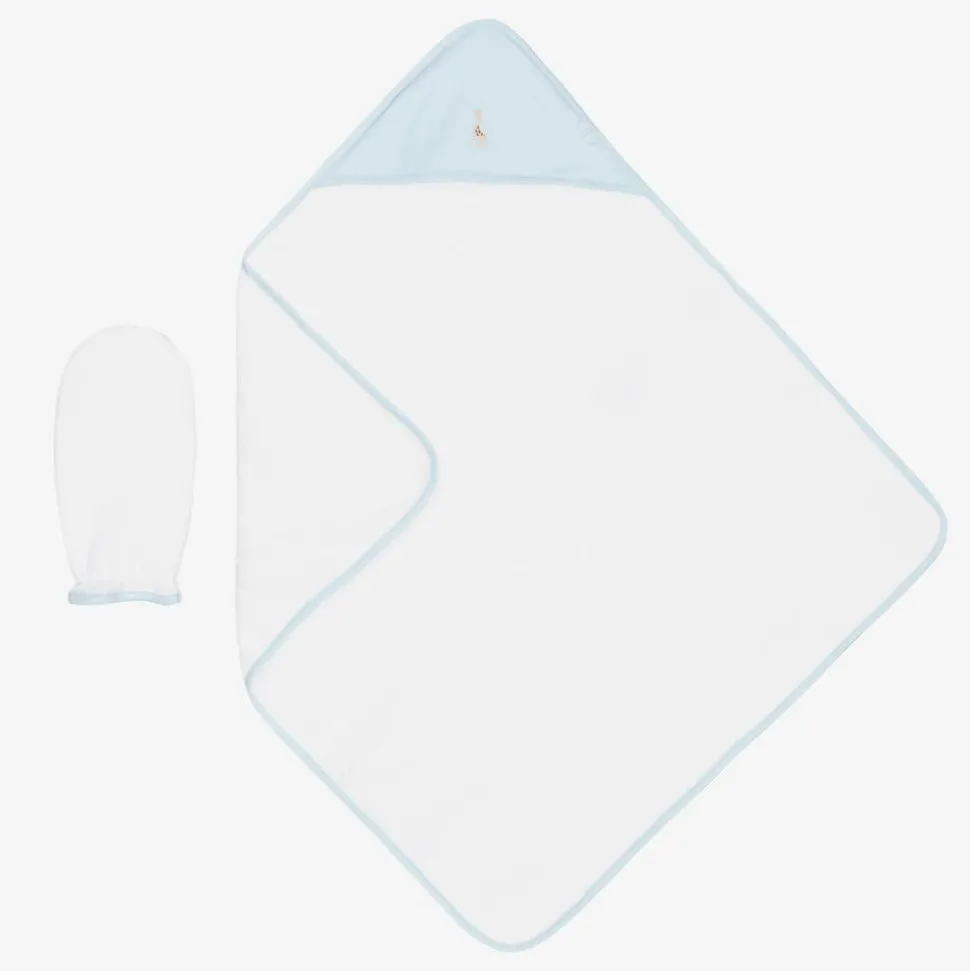 White & Blue Cotton Hooded Towel & Mitt Set