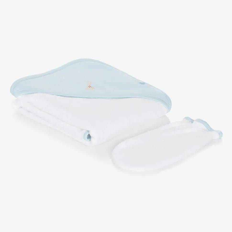 White & Blue Cotton Hooded Towel & Mitt Set