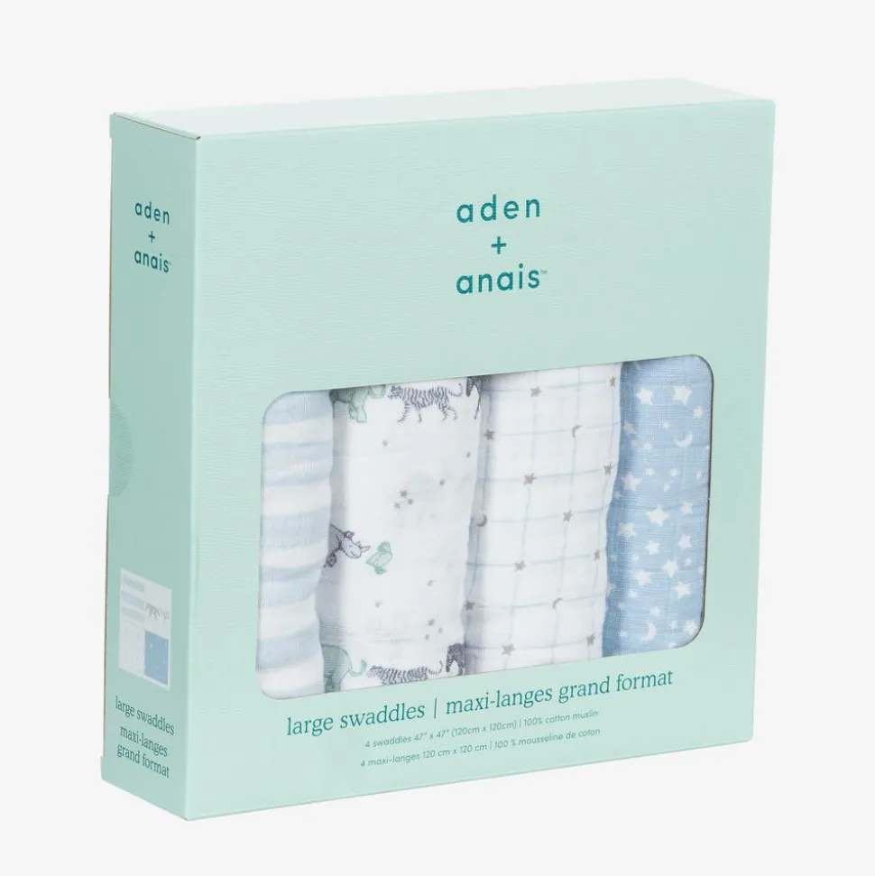 White & Blue Muslin Swaddles (4 Pack)