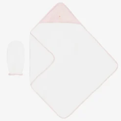 White & Pink Cotton Hooded Towel & Mitt Set