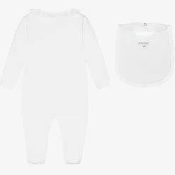 White Cotton Babygrow & Embroidered Bib Set