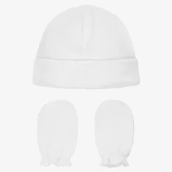 White Cotton Hat & Mittens Set