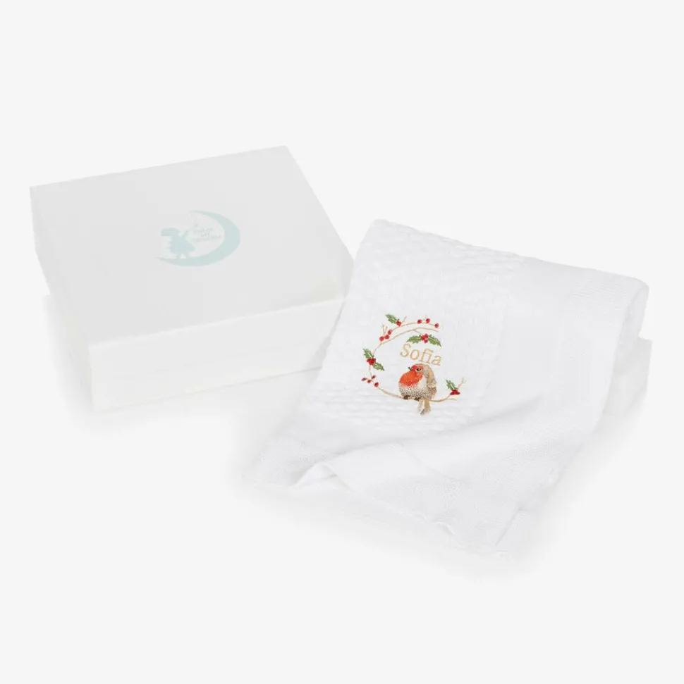 White Cotton Personalised Robin Blanket (88cm)