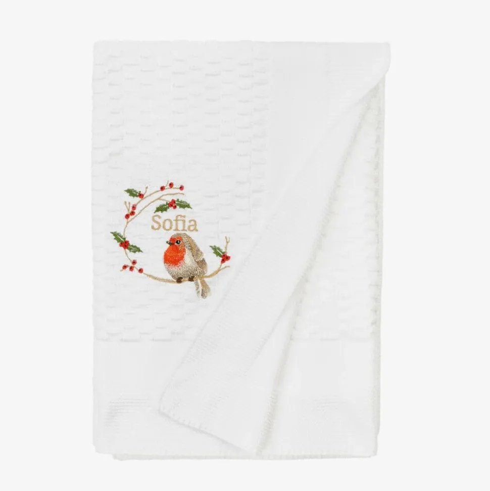White Cotton Personalised Robin Blanket (88cm)