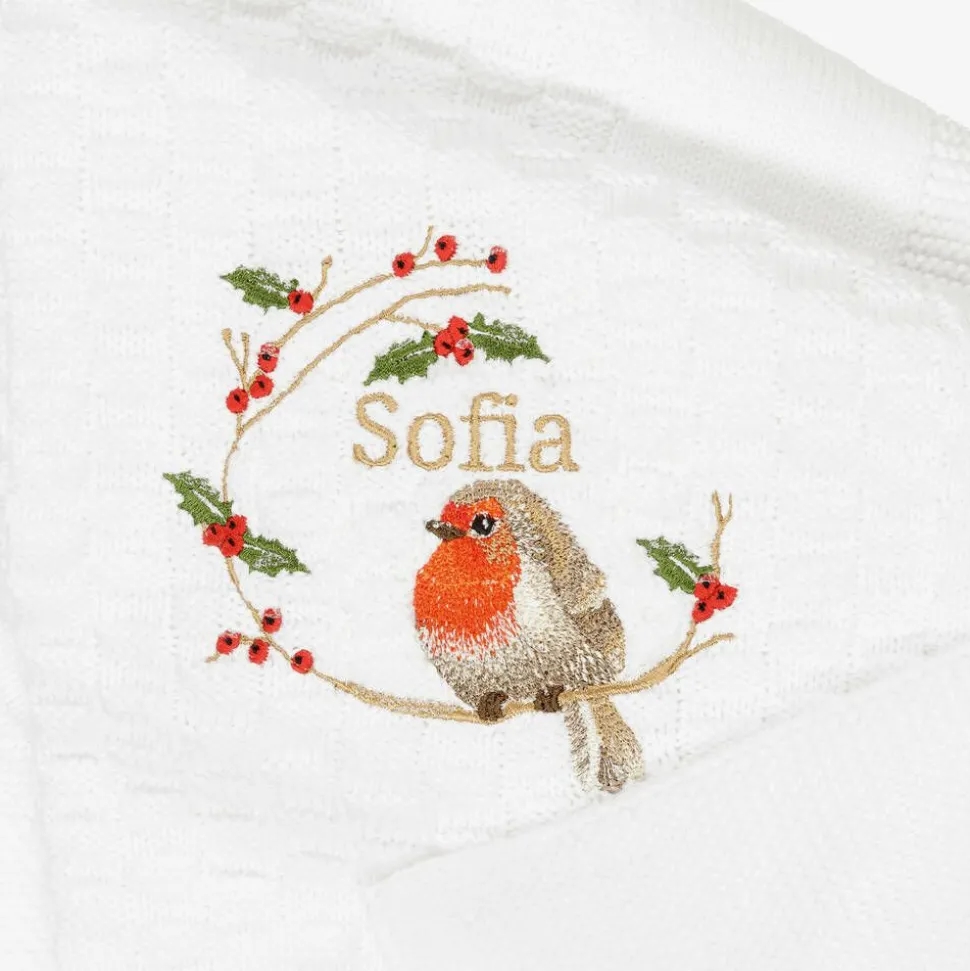 White Cotton Personalised Robin Blanket (88cm)
